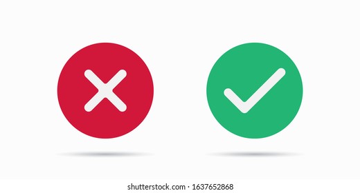 Check mark. Green tick symbol and red cross sign. Icons for evaluation quiz. Vector illustration