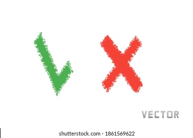 Check mark grunge design element, green and red. Vector.