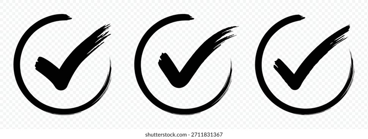 Marque el conjunto de iconos grunge. Conjunto de iconos de marca de verificación dibujado a mano. Icono de confirmación o validación mínima. eps 10