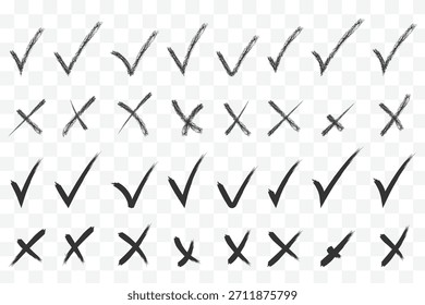  Marque el conjunto de iconos grunge. Marca de verificación dibujada a mano e iconos cruzados establecen marcas de lista de verificación en el Vector de estilo de pincel grunge de caja y círculo. Pincel, marcador dibujado marca de verificación y conjunto de iconos cruzados Colección 