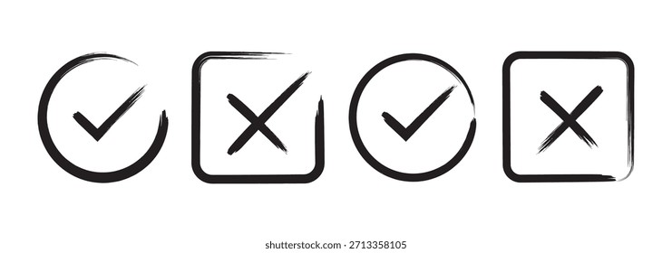 Marque el conjunto de iconos grunge. Marca de verificación dibujada a mano e iconos cruzados establecen marcas de lista de verificación en el Vector de estilo de pincel grunge de caja y círculo. Pincel, marcador dibujado marca de verificación y Colección de conjunto de iconos cruzados. E