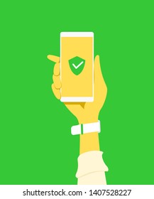 Check mark Guard in smart phone Vector in my hand. payment IOT concept.