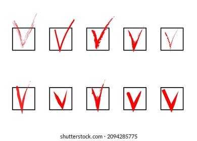 Marcar. Marca de verificación dibujada a mano y casilla. Cajas rellenas vacías para las respuestas en los iconos de prueba, votación, confirmación, negación. Plantilla de signos de lista de comprobación. Ilustración vectorial aislada en blanco.