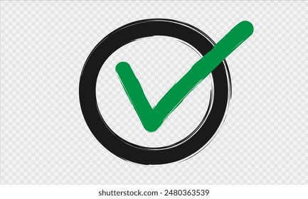 Check Mark Hand Drawn Icon.Ink brush Doodle v mark for list items, checkbox and sketch checkmark.Yes sign isolated on a transparent background.Vector illustration EPS10