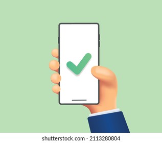 Check mark - hand holding a phone on a green background. Operation Ok concept. 3d hand holding phone