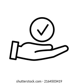 Check mark in hand icon. Top services. Pictogram isolated on a white background. Vector illustration.