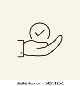Check mark in hand line icon. Gesture, checkmark, approved. Business concept. Vector illustration can be used for topics like workflow, communication, technology, business, information
