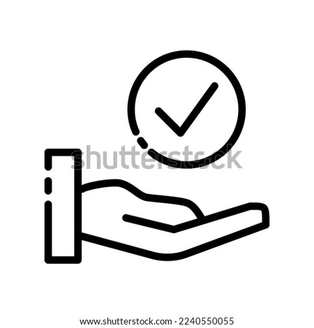 Check mark and hand line icon. Approval, communication, confirmation, choice. mark, success, achievement, accept, best, leader, poll. communication concept. Vector black line icon