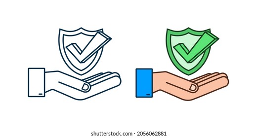 Check mark hanging over hands. Green approved star sticker on white background. Vector stock illustration.
