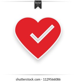 check mark in heart, vector illustration isolated on white. icon with realistic shadow