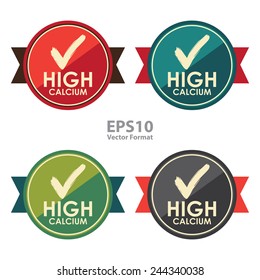check mark and high calcium sign on badge, icon, button, label isolated on white, vector format