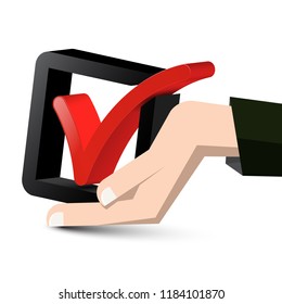Check Mark in Human Hand Isolated on White Background - Vector. 3D Tick Icon.