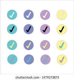 Check mark icon. 16 web buttons with check sign. Colored round shapes on white