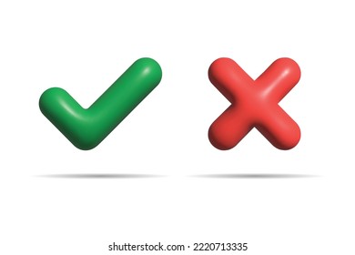 Check mark icon 3d rendering. Realistic right and wrong 3D Button. Set of glossy icons green check mark, red sign of cross. Acceptance and rejection. Tick sign. Test question. Checkmark cross. 