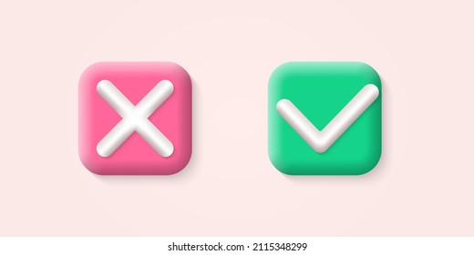 Check mark icon. 3d tick and cross symbols. Correct, wright and wrong signs or buttons. Vector illustration.