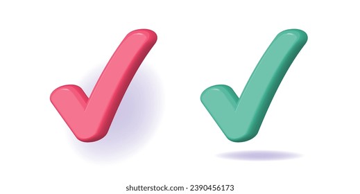 Check mark icon 3d tick red green vector render graphic set, modern right valid correct choice symbol element illustration, poll vote confirm checkbox, accept correct confirm approve image clipart