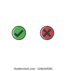 Check mark icon. Approve and cancel symbol for design project. Flat button yes and no. Good and bad. Appove and cancel.