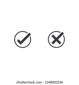 Check mark icon. Approve and cancel symbol for design project. Flat button yes and no. Good and bad. Appove and cancel button.
