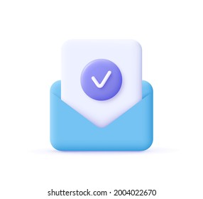 Check mark icon. Approvement concept. Document and postal envelope. 3d realistic vector illustration.\n 
