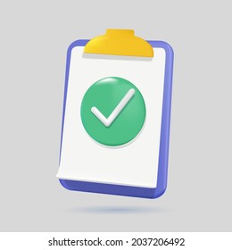 Check mark icon. Approvement concept. Document, file, clipboard, checklist. 3d realistic vector illustration. Contract papers. Document. Folder with Stack of agreements. Documents papers. Contract