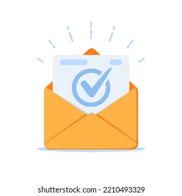 Check mark icon. Approvement concept. Document and postal envelope. Modern cartoon vector illustration. Email marketing, digital pr. Sending email letters with checkmark. Approved loan. Paperwork