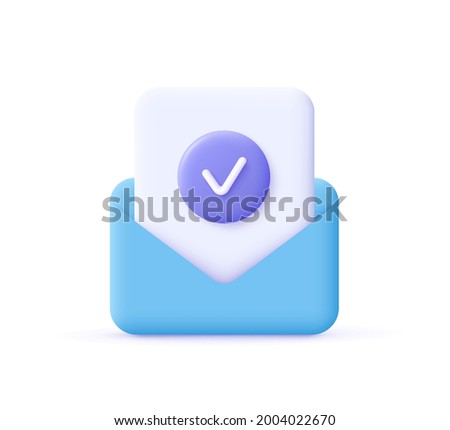 Check mark icon. Approvement concept. Document and postal envelope. 3d realistic vector illustration.
 