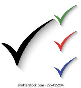 check mark icon - black and colored (green, red, blue) illustration with shadow