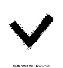 Check mark icon. Black ink with splashes on white background