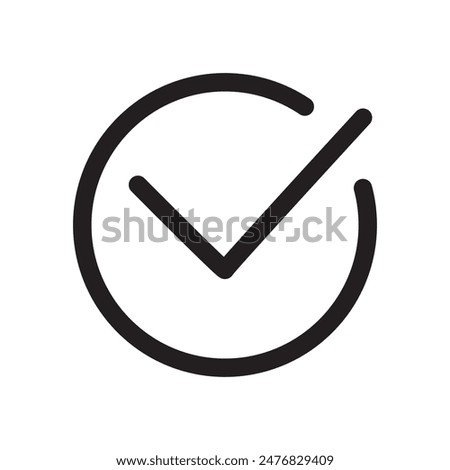 Check mark icon. Black tick vector. Circle approval sign. Simple validation symbol.