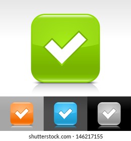 Check mark icon. Blue, orange, green, gray color glossy web button with white sign. Rounded square shape with shadow, reflection on white, gray, black background. Vector illustration element 8 eps 