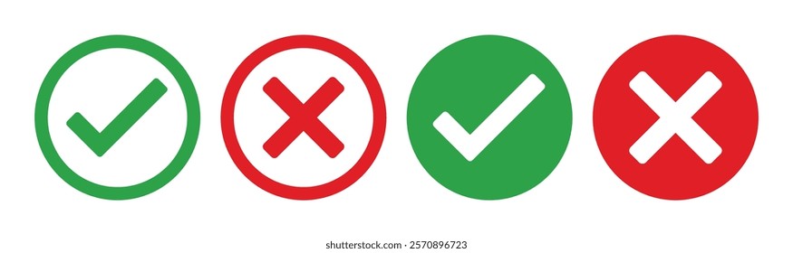 Check mark icon. Check box icon with right and wrong buttons. red and green Check and cross icons. Isolated checkmark symbol EPS