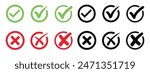 Check mark icon button set. Check box icon with right and wrong buttons and yes or no checkmark icons in green tick box and red cross. Isolated checkmark symbol, right and wrong sign concept.