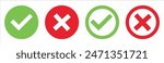 Check mark icon button set. Check box icon with right and wrong buttons and yes or no checkmark icons in green tick box and red cross. Isolated checkmark symbol, right and wrong sign concept.