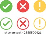 check mark icon button set. check box icon with right and wrong buttons and yes or no checkmark icons in green tick box and red cross. exclamation mark information icon