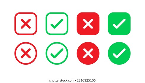 check mark icon button set. check box icon with right and wrong buttons and yes or no checkmark icons in green tick box and red cross. vector illustration