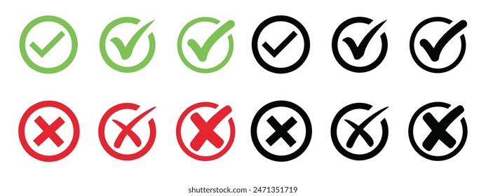 Button für Häkchensymbol festlegen. Kontrollkästchen-Symbol mit rechten und falschen Buttonen und Ja oder Nein Markierungssymbole in grünem Kontrollkästchen und rotem Kreuz. Vereinzeltes Markierungssymbol, rechtes und falsches Vorzeichenkonzept.