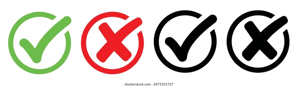 Check mark icon button set. Check box icon with right and wrong buttons and yes or no checkmark icons in green tick box and red cross. Isolated checkmark symbol, right and wrong sign concept.