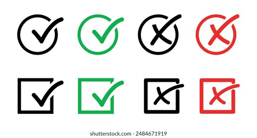 Check mark icon button set. check box icon with right and wrong buttons. Yes and no checkmark icons in green tick box and red cross.