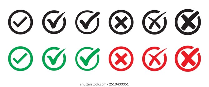 Check mark icon button set. Check box icon and yes or no checkmark icon. Eps 10