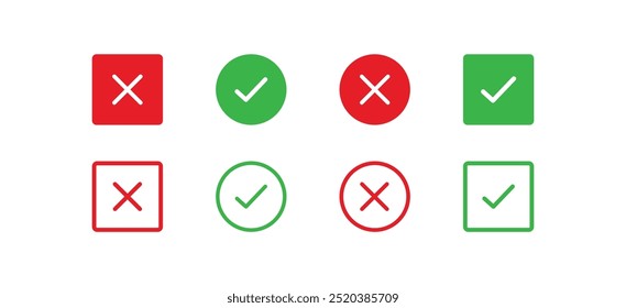 Check mark icon button set. Check box icon with right and wrong buttons and yes or no checkmark icons in green tick box and red cross.