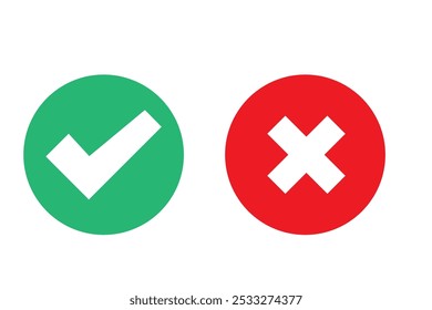 Botão de ícone de marca de seleção definido. Ícone de caixa de seleção com botões corretos e errados e ícones de marca de seleção sim ou não na caixa de marcação verde e na cruz vermelha. Símbolo de marca de seleção isolada, conceito de sinal certo e errado.