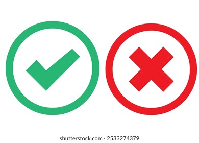 Botão de ícone de marca de seleção definido. Ícone de caixa de seleção com botões corretos e errados e ícones de marca de seleção sim ou não na caixa de marcação verde e na cruz vermelha. Símbolo de marca de seleção isolada, conceito de sinal certo e errado.
