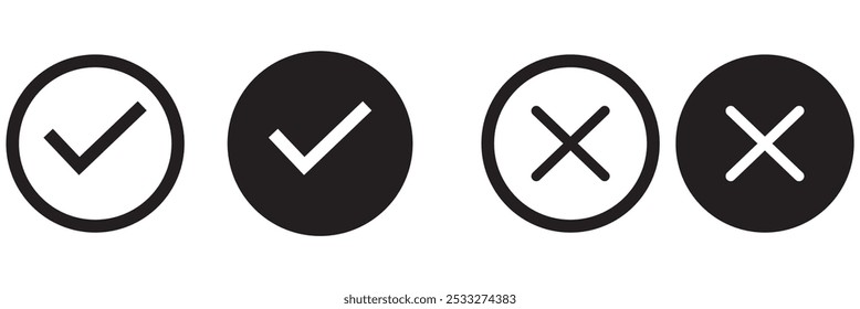 Botão de ícone de marca de seleção definido. Ícone de caixa de seleção com botões corretos e errados e ícones de marca de seleção sim ou não na caixa de marcação verde e na cruz vermelha. Símbolo de marca de seleção isolada, conceito de sinal certo e errado.