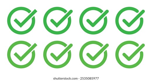 Check mark icon button set. check box icon with right buttons and yes mark icons in green tick box. Checkmark icon. Green checkmark vector set. Checked check box sign.