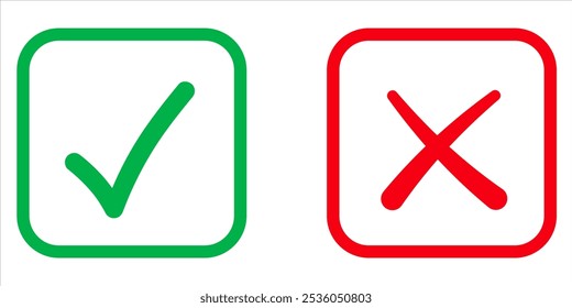 Botão de ícone de marca de seleção definido. Ícone de caixa de seleção com botões corretos e errados e ícones de marca de seleção sim ou não na caixa de marcação verde e na cruz vermelha. Símbolo de marca de seleção isolada, conceito de sinal certo e errado.