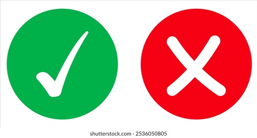Botão de ícone de marca de seleção definido. Ícone de caixa de seleção com botões corretos e errados e ícones de marca de seleção sim ou não na caixa de marcação verde e na cruz vermelha. Símbolo de marca de seleção isolada, conceito de sinal certo e errado.