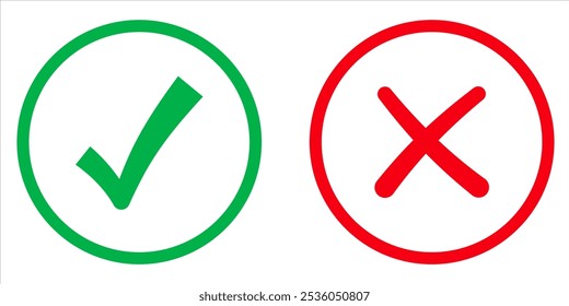 Botão de ícone de marca de seleção definido. Ícone de caixa de seleção com botões corretos e errados e ícones de marca de seleção sim ou não na caixa de marcação verde e na cruz vermelha. Símbolo de marca de seleção isolada, conceito de sinal certo e errado.