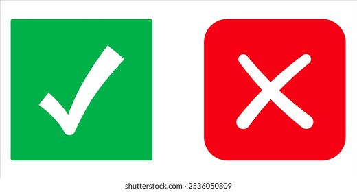 Botão de ícone de marca de seleção definido. Ícone de caixa de seleção com botões corretos e errados e ícones de marca de seleção sim ou não na caixa de marcação verde e na cruz vermelha. Símbolo de marca de seleção isolada, conceito de sinal certo e errado.