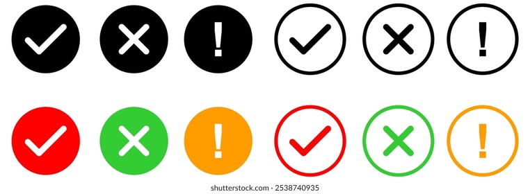 check mark icon button set. check box icon with right and wrong buttons and yes or no checkmark icons in green tick box and red cross. exclamation mark information icon.