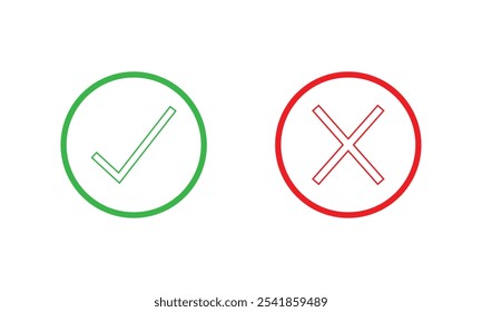 Botão de ícone de marca de seleção definido. Ícone de caixa de seleção com botões corretos e errados e ícones de marca de seleção sim ou não na caixa de marcação verde e cruz vermelha. conceito de sinal certo e errado. Símbolo de marca de seleção isolado. Eps 10.